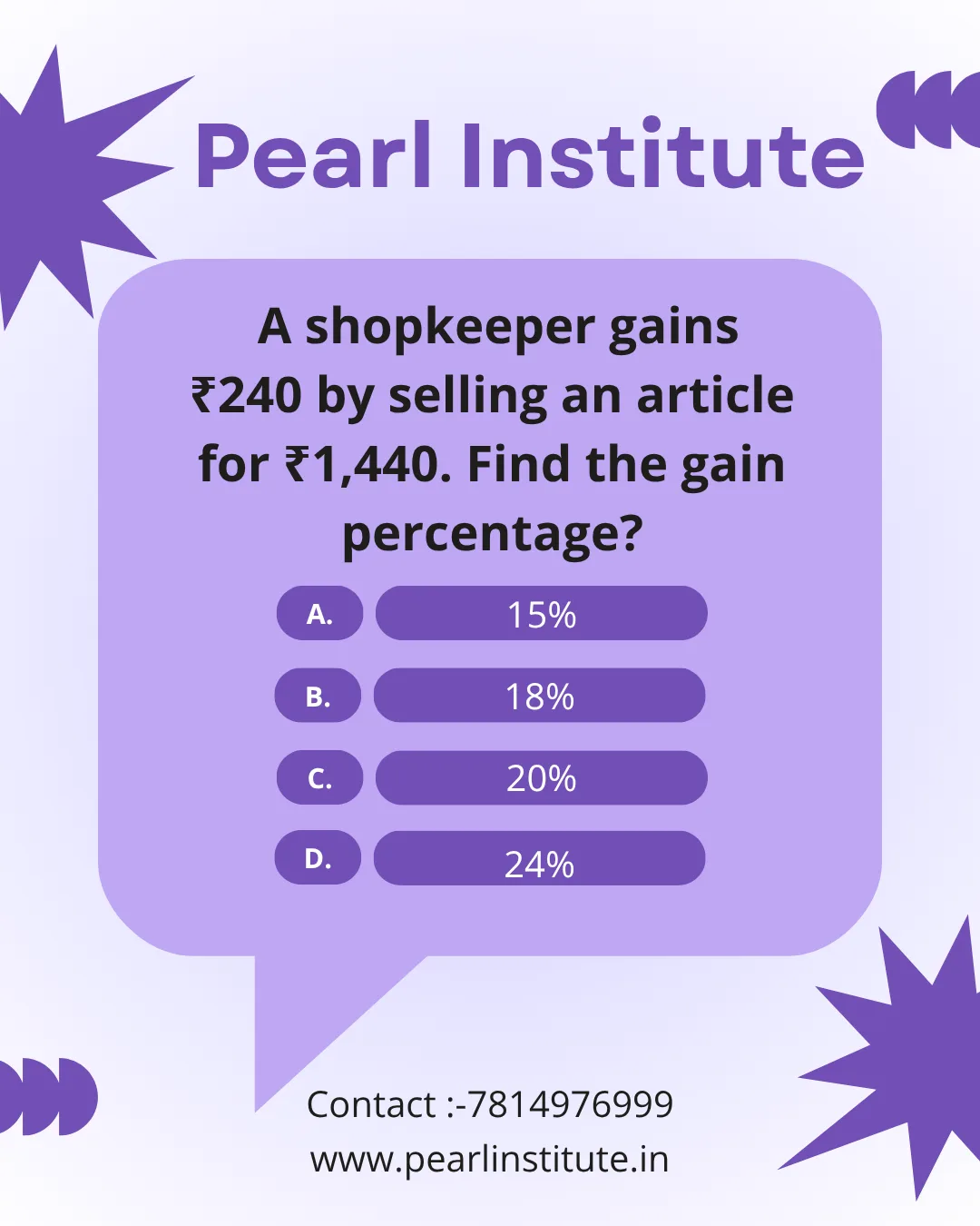 Profit & Loss Quiz: A Shopkeeper Gains ₹240 by Selling an Article for ₹1,440. Find the Gain Percentage?