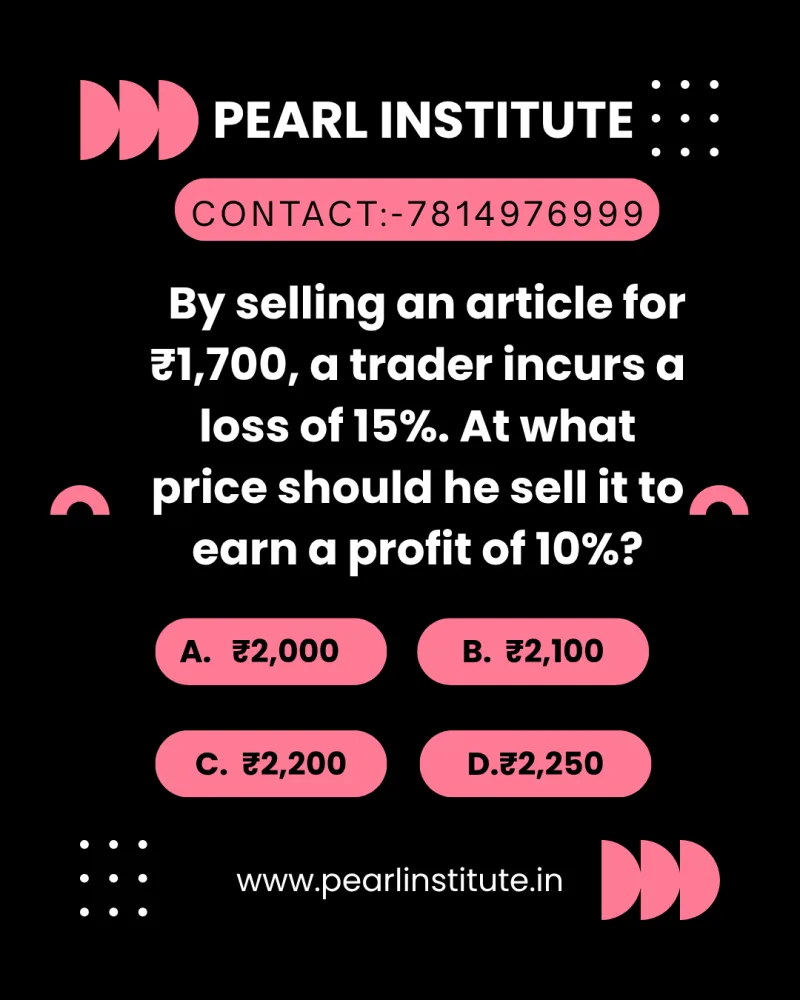 Profit & Loss Quiz: Selling an Article for ₹1,700 Causes a 15% Loss. At What Price Should It Be Sold to Earn a 10% Profit?