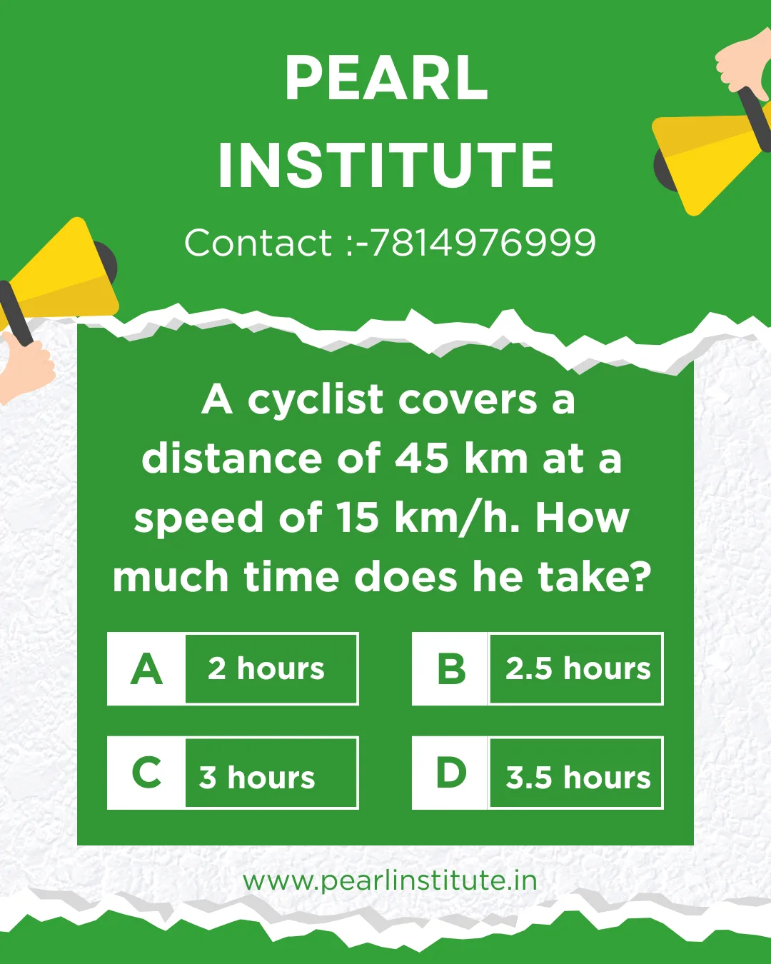 Time, Speed & Distance Quiz: A Cyclist Covers 45 km at 15 km/h – How Much Time Does He Take?