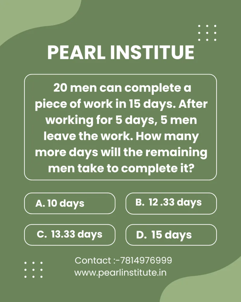 Time & Work Quiz: 20 Men Complete a Work in 15 Days. After 5 Days, 5 Men Leave. How Many More Days Will the Remaining Men Take?